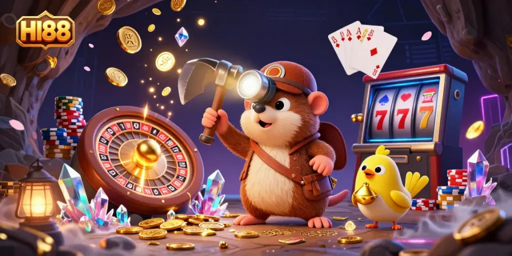 Experience excitement at HI88 with a treasure hunter mole and dynamic casino elements, showcasing vibrant gameplay.