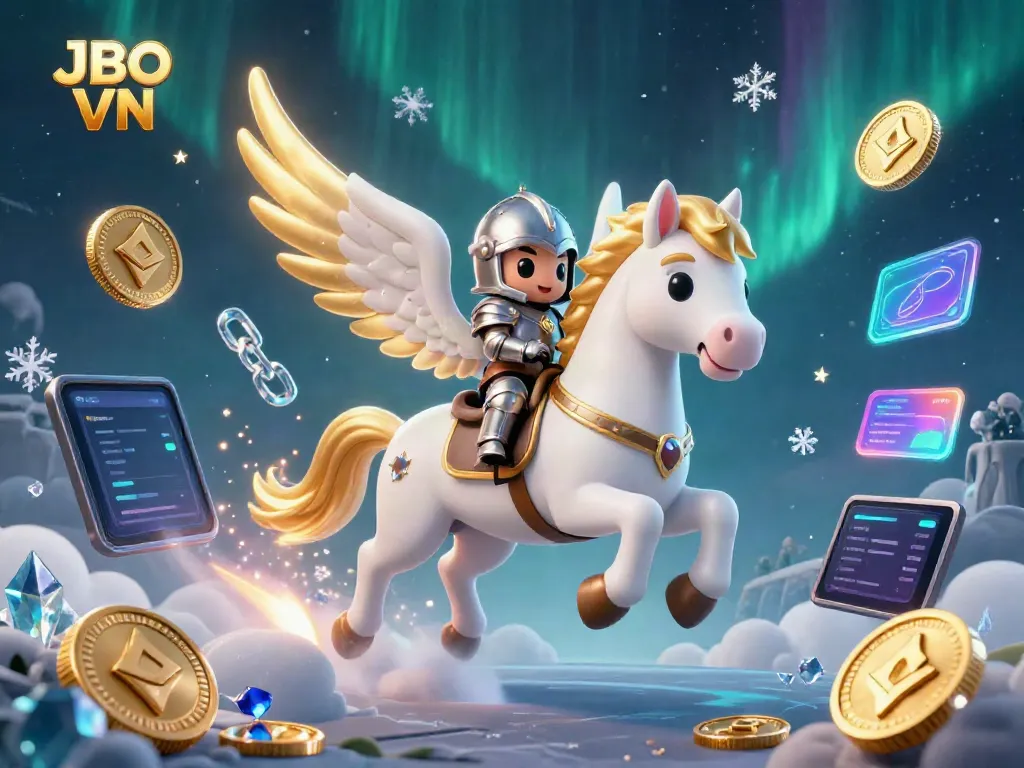 Experience thrilling gaming at JBO VN with a dynamic 3D illustration of a celestial horse and crypto coins.
