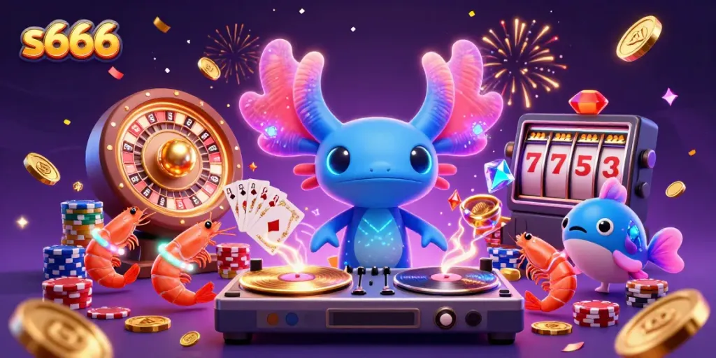 Join the s666 casino party with neon axolotl DJ spinning, surrounded by vibrant game action and winning elements.