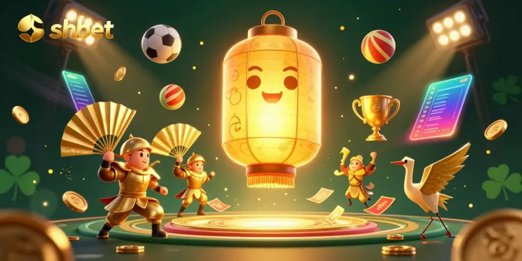 Engage with SHBET's dynamic casino experience featuring a glowing golden lantern spirit and sports elements.