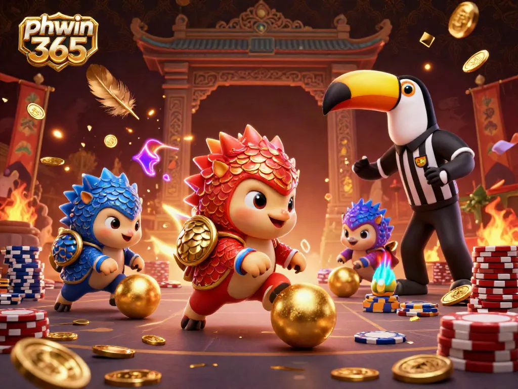 Engage in thrilling gaming action with phwin 365 where rival pangolins clash in an exciting casino scene.