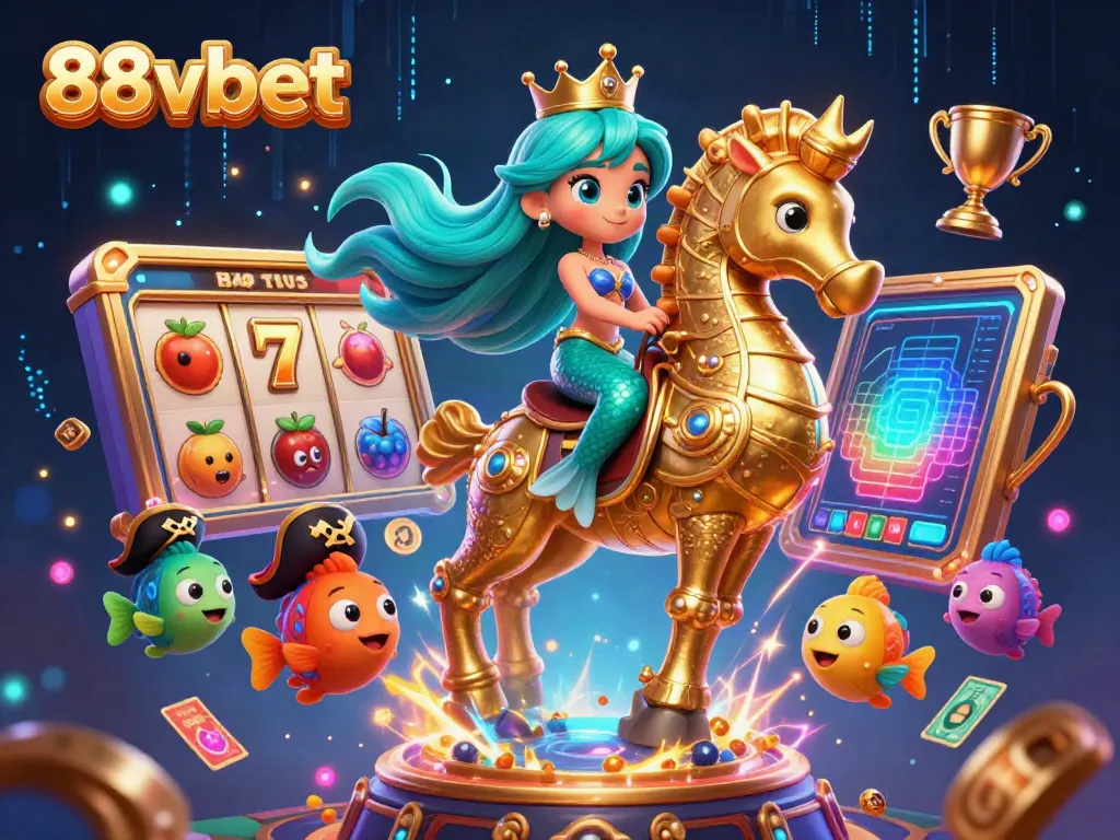 Experience 88vbet's vibrant gaming world with a colorful mermaid princess and action-packed slots