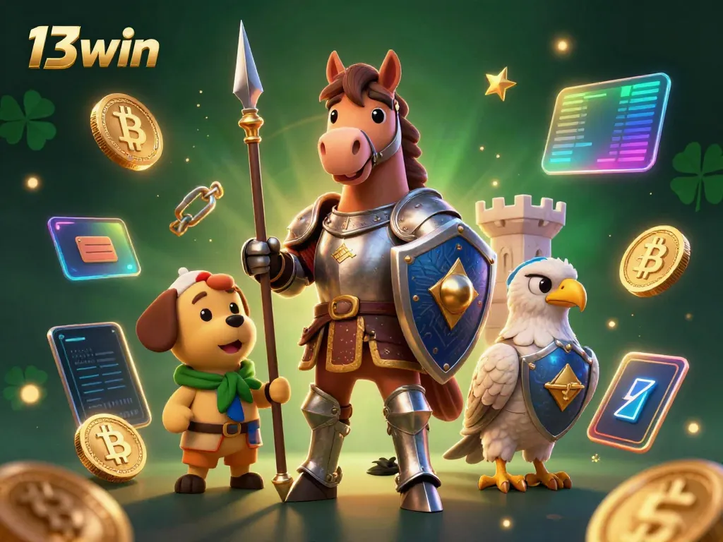 Experience 13win's dynamic casino world with themed characters and neon cryptocurrency elements.