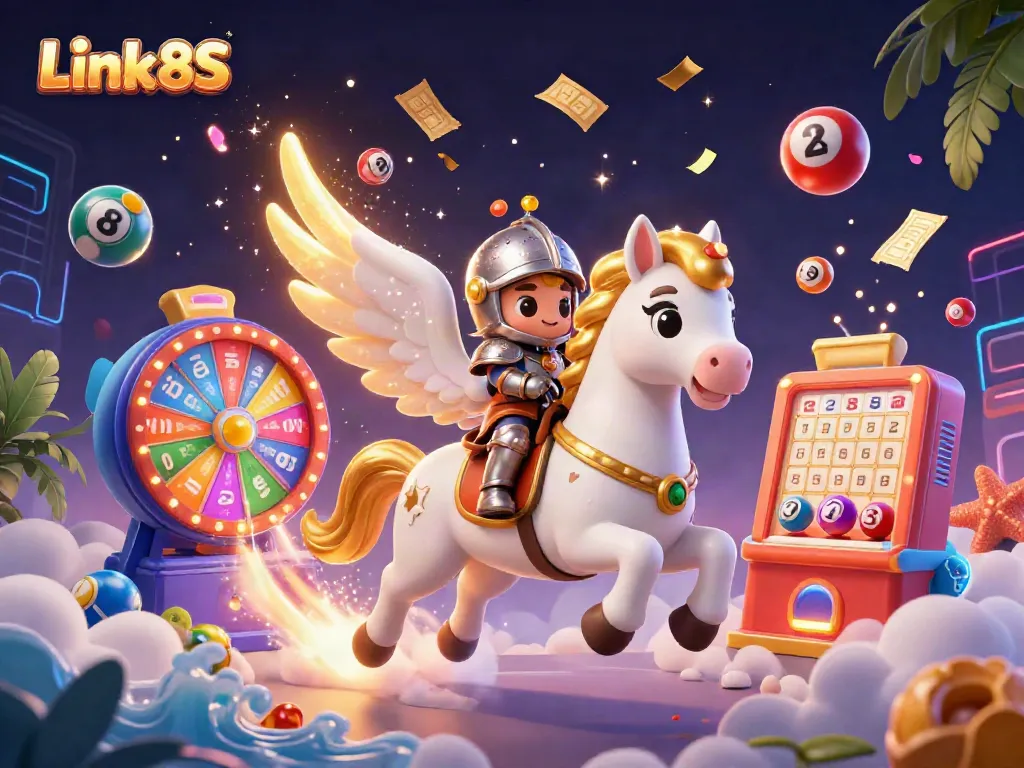 Experience the excitement of Link 8S with a vibrant 3D illustration showcasing dynamic casino elements.