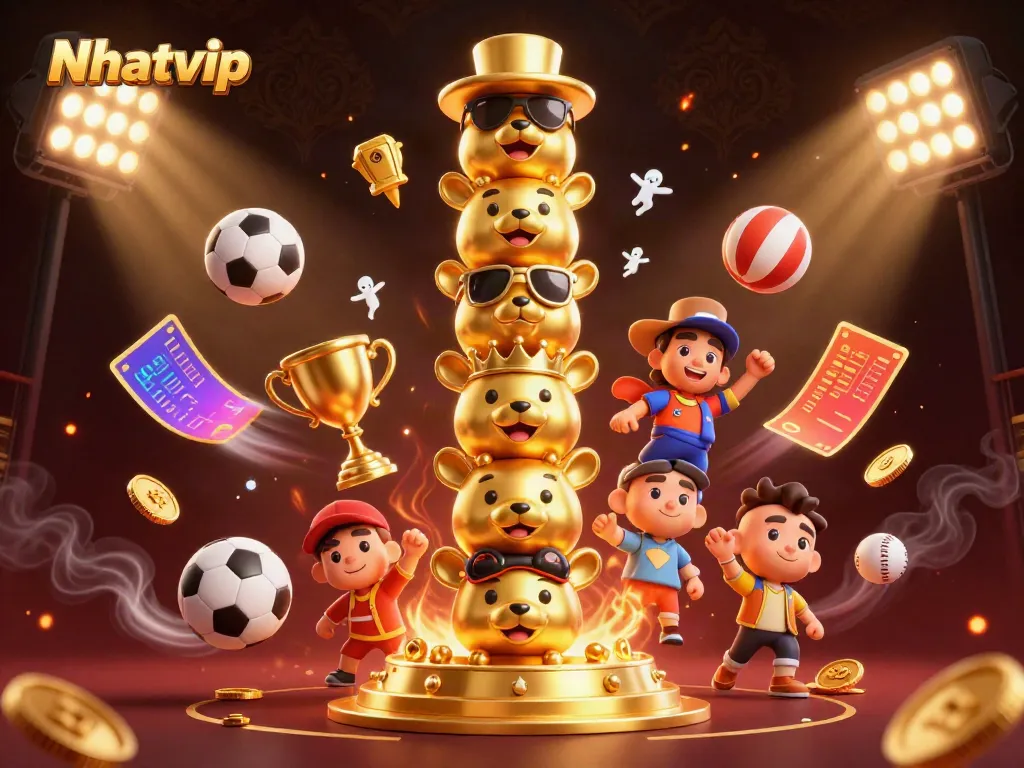 Engaging Nhatvip illustration showcasing a dynamic casino scene with a golden totem and animated sports elements.