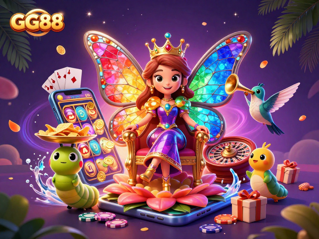 Play exciting games at GG88 with a magical casino scene featuring a butterfly queen and vibrant slot elements.
