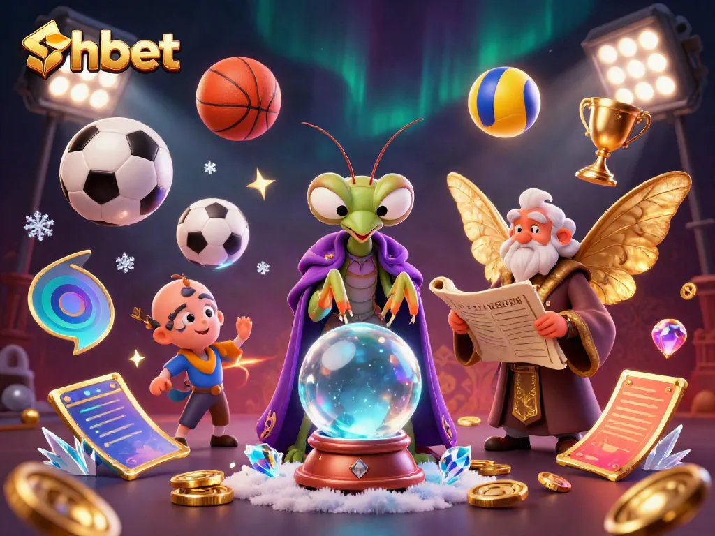 Vibrant shbet scene showcasing dynamic sports elements, fortune teller, and librarian surrounded by gold coins.