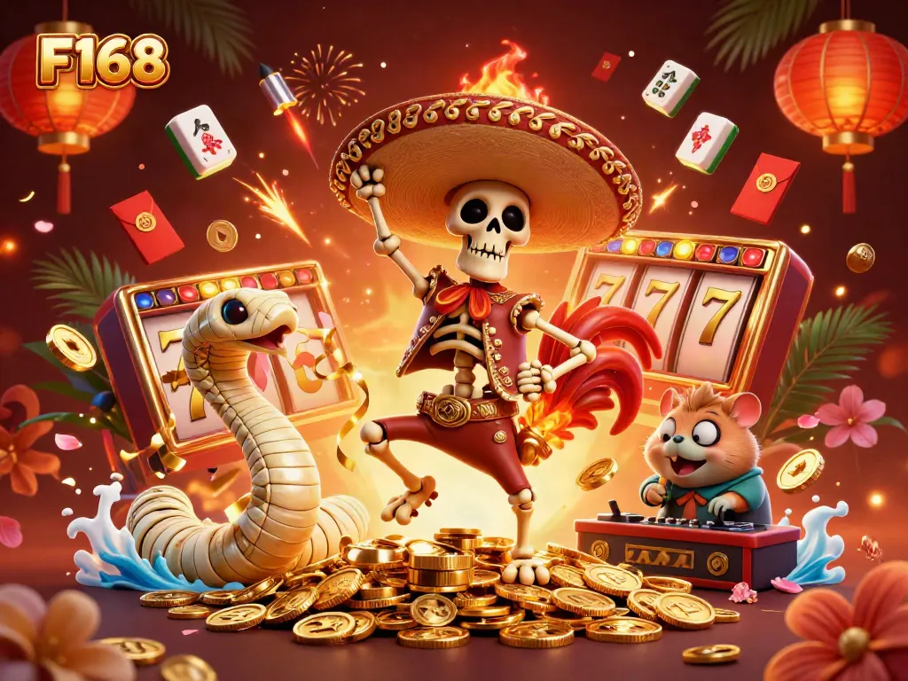 Engage in thrilling gaming adventures at F168 with vibrant characters amid dazzling casino elements.