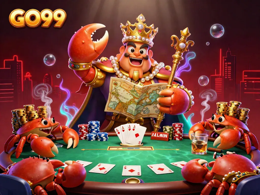 Experience the excitement with GO99 as you play poker with a golden crab emperor amidst vibrant casino elements.