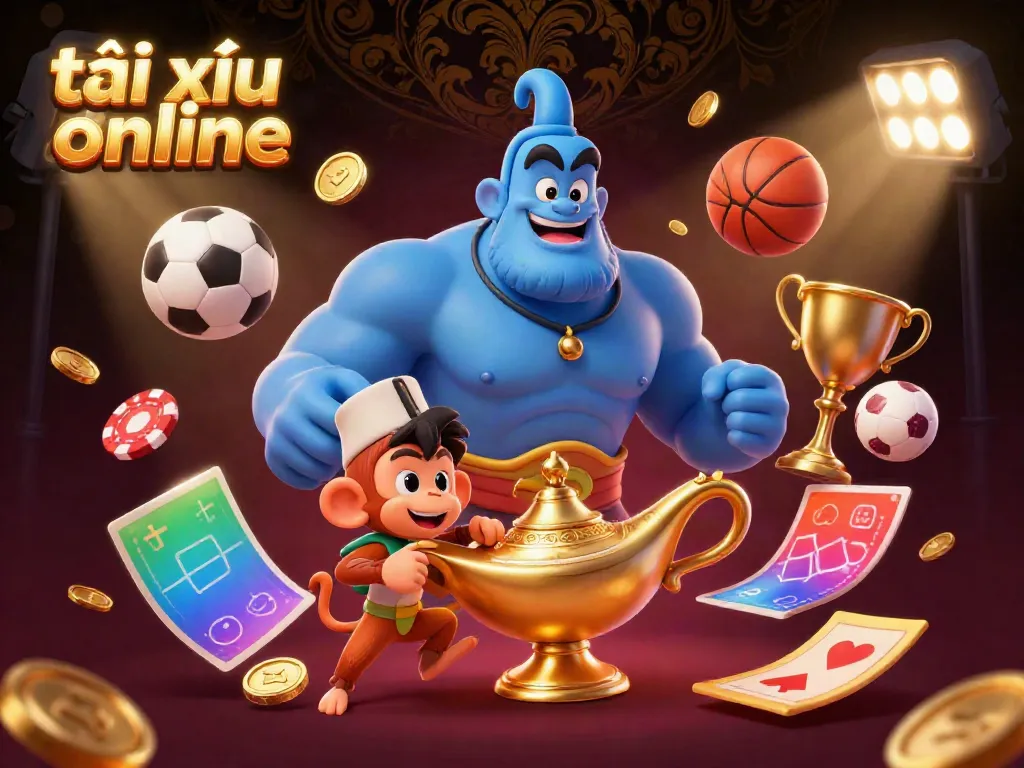 Experience the thrill of tài xỉu online with our magical casino scene featuring a genie and poker chips.