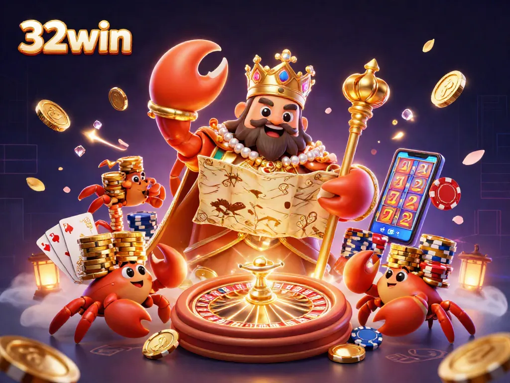Bet on 32win with a vibrant 3D illustration of a golden crab emperor and casino elements.