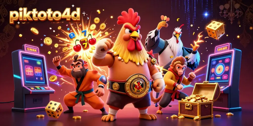 Experience gaming excitement with piktoto4d in a vibrant 3D casino illustration showcasing thrilling slot machines and dynamic characters.
