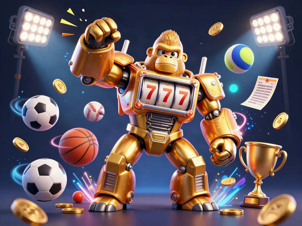 S666 showcases an exhilarating 3D golden gorilla mech amid sports elements, celebrating a winning moment.