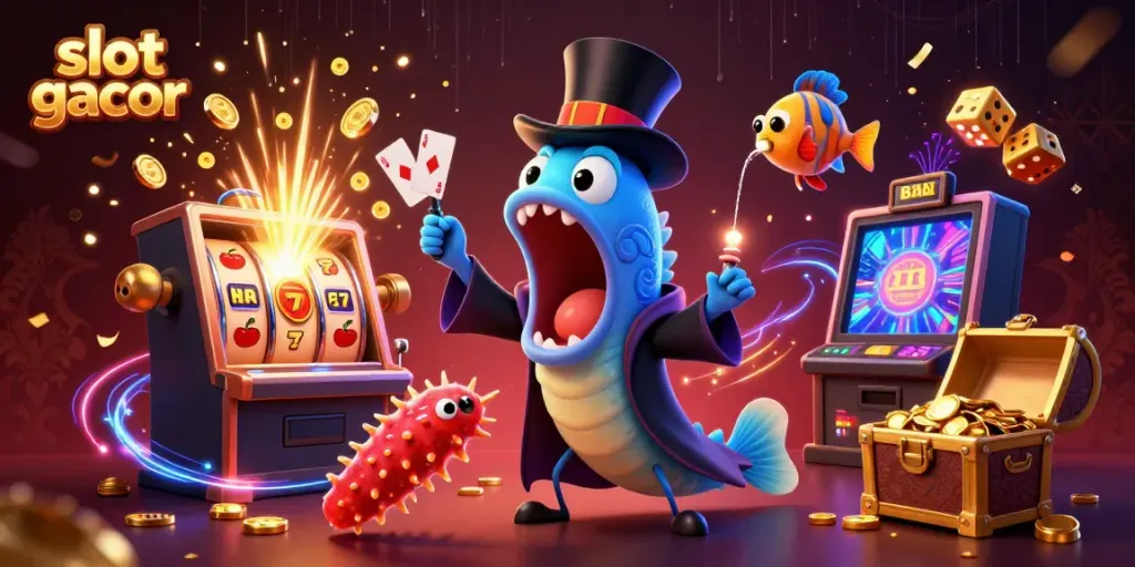 Ilustrasi slot gacor menampilkan naga laut yang melakukan trik sulap di kasino bergaya kartun.