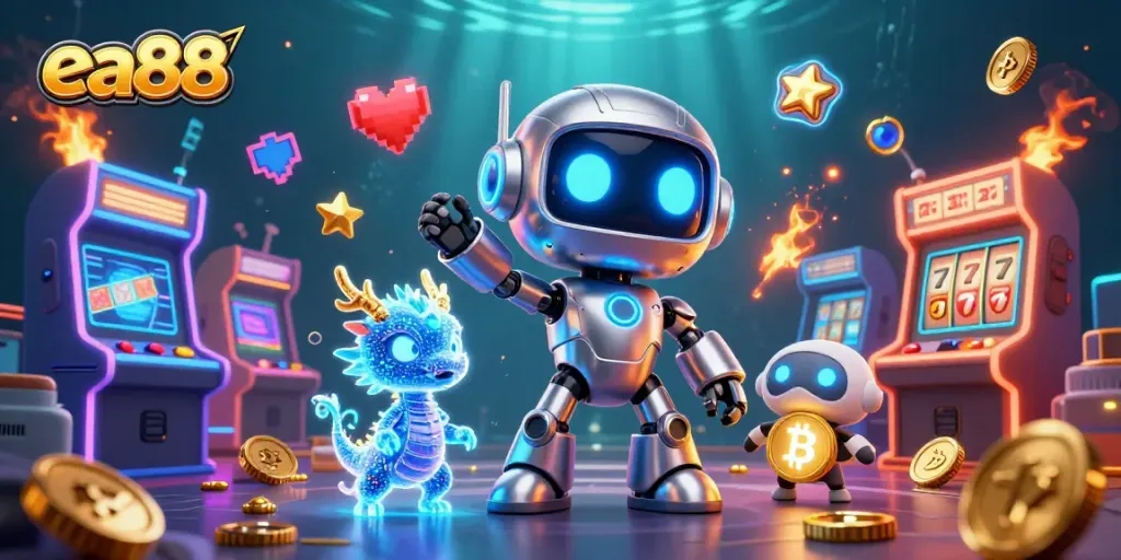 Engage with innovative ea88 casino gaming, featuring a vibrant 3D scene of futuristic characters among dynamic casino elements.
