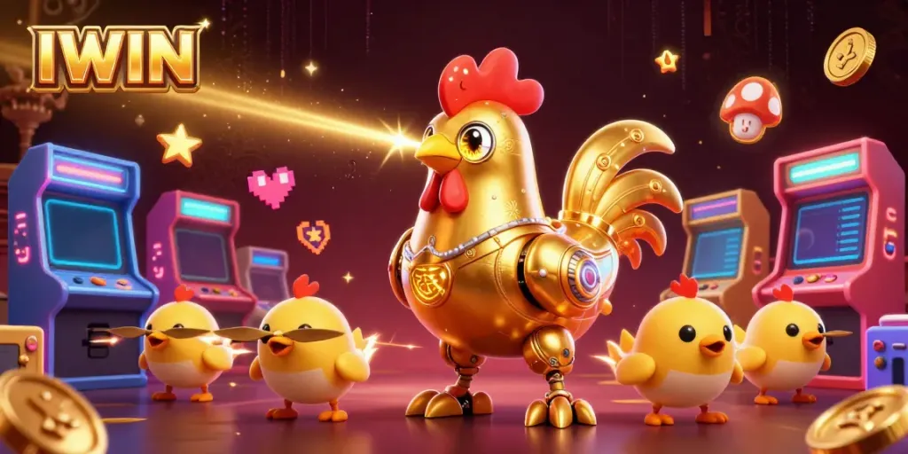 IWIN combines fun gaming elements with vibrant characters in a vivid casino environment, showcasing excitement and rewards.