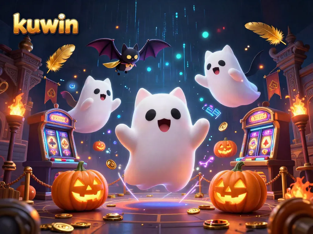 Kuwin casino scene with ghost cat, vampire bat, and glowing jack-o-lanterns in a vibrant, dynamic atmosphere.