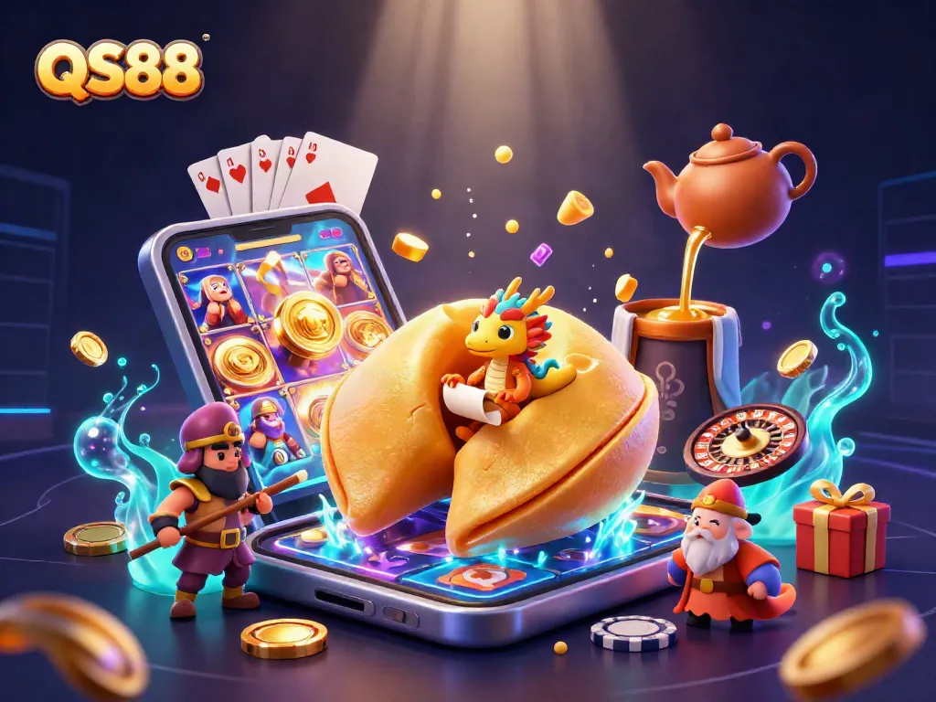 Experience the excitement of QS88 with a vibrant 3D casino-themed illustration featuring colorful game elements and characters.