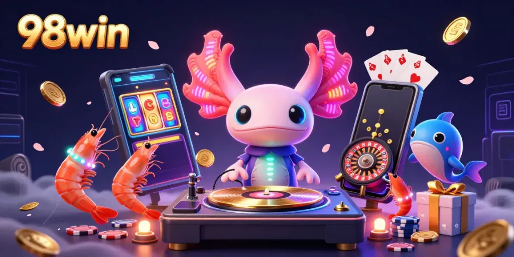 Engage with exciting slot games at 98win with vibrant, cartoonish underwater casino atmosphere.
