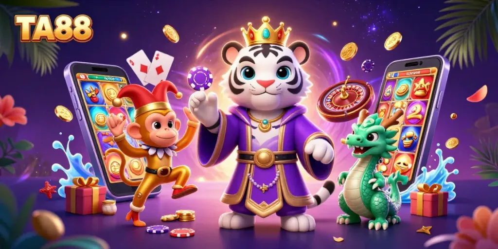 Engage in exciting TA88 gameplay with vibrant characters and dynamic casino elements.