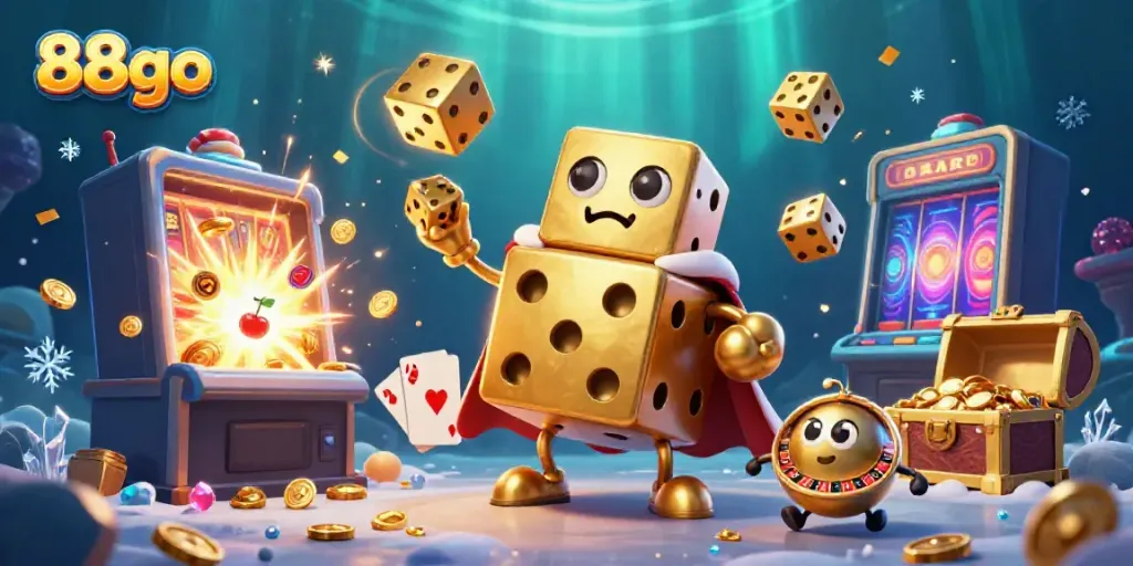 Experience the excitement of 88go casino with a vibrant 3D illustration of playful golden dice and jackpot elements.