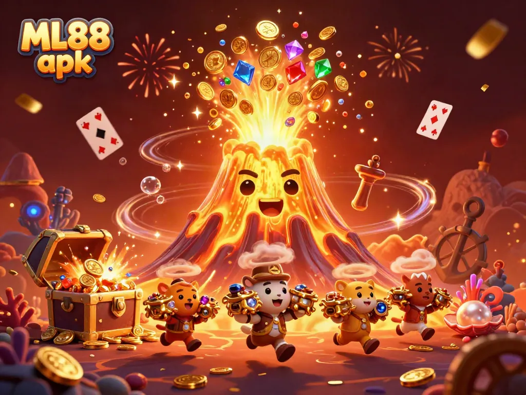 Experience the excitement of ML88 apk with a golden volcano erupting treasures in a vibrant casino scene.