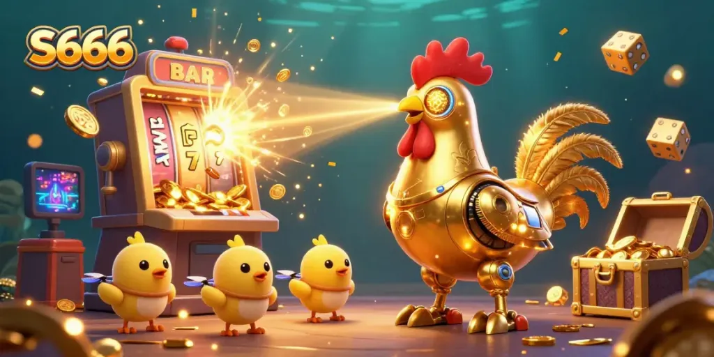 Experience S666's dynamic casino environment with a golden rooster robot leading baby chick drones amidst jackpots and colorful games.