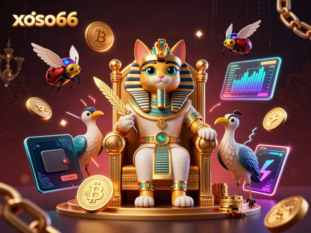 Experience the vibrant world of xoso66 with a pharaoh cat surrounded by crypto coins and gaming elements.