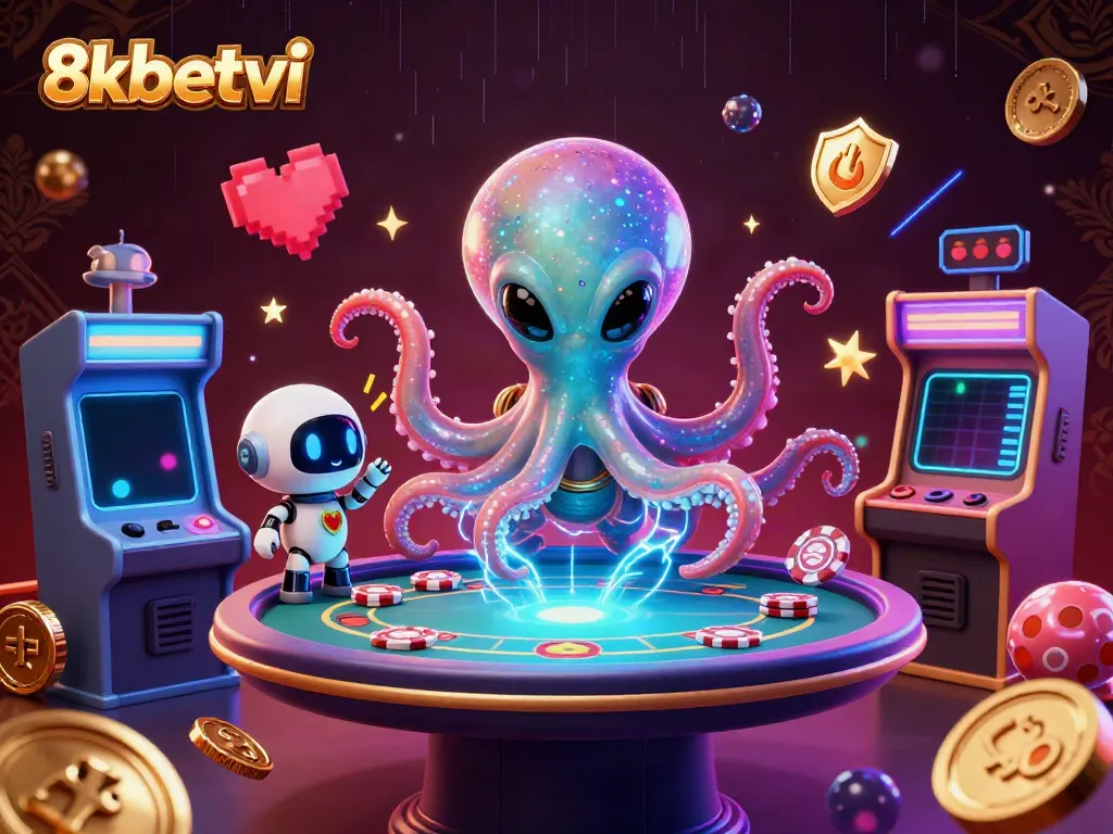 Experience the excitement of 8xbetvi with a colorful alien and robot at a holographic poker table.