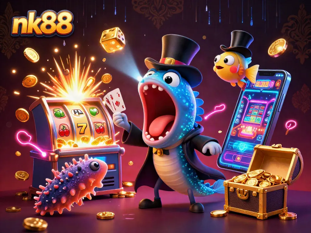 Experience nk88's thrilling casino games with a vibrant illustration of lively underwater characters.