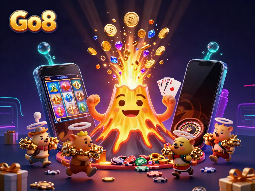 Experience the Go8 extravaganza with volcanic treasures and vibrant casino elements.