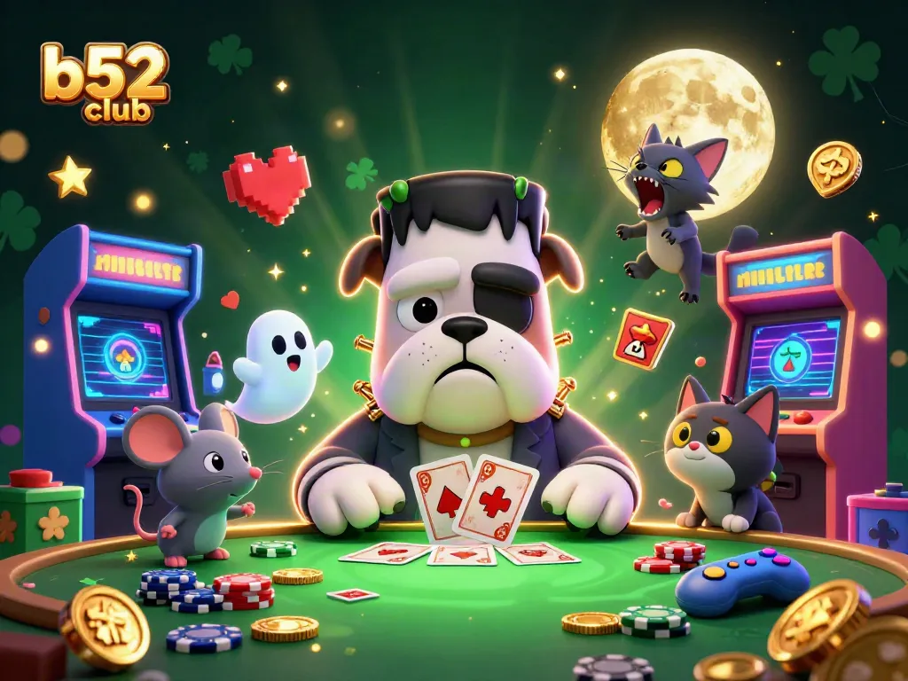 B52club casino illustration with a cartoon bulldog and kitten, featuring vibrant gaming elements