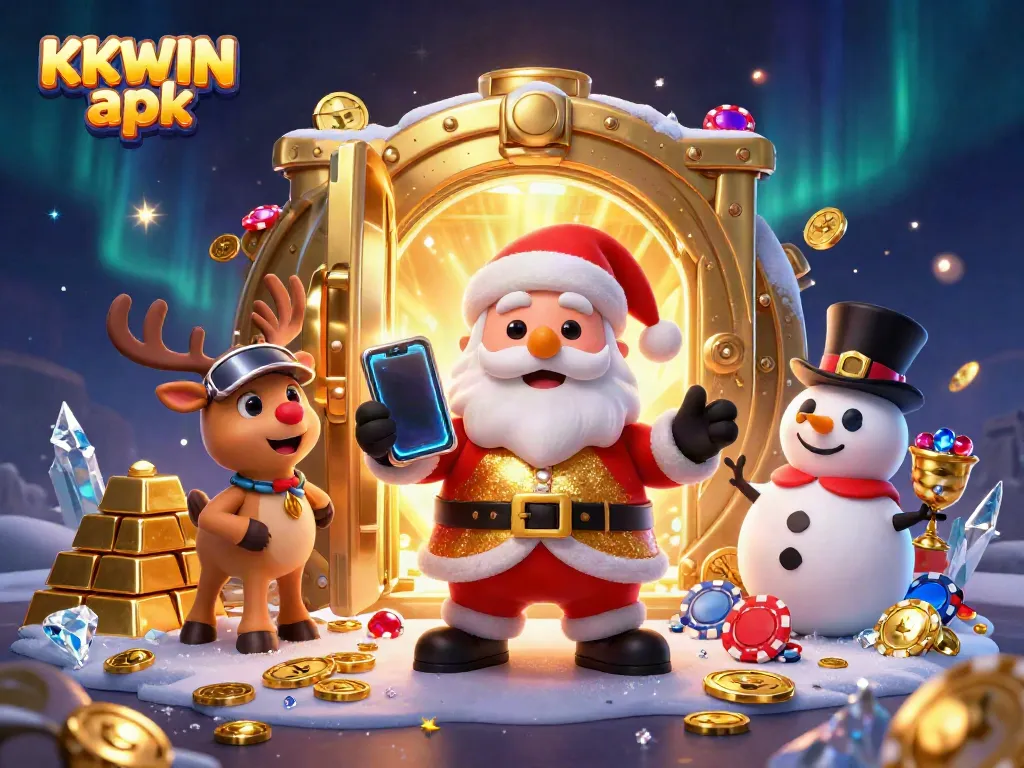 Engage with KKWIN apk through a dynamic 3D casino scene featuring festive characters and sparkling riches.
