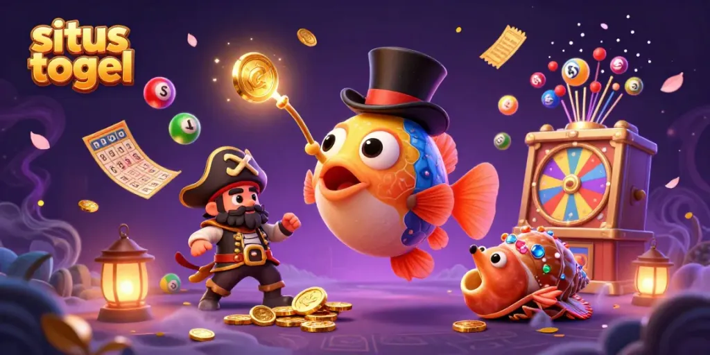 Engage in situs togel excitement with an anglerfish and pirate shrimp amidst vibrant lottery elements.
