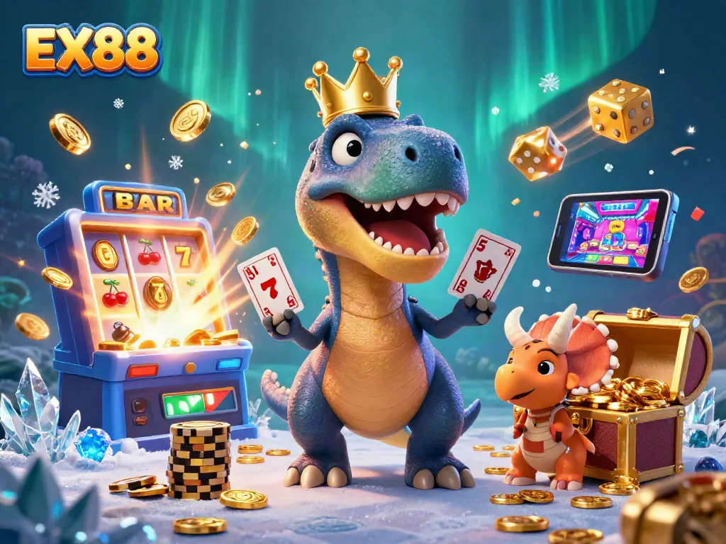 Experience thrilling gameplay at EX88 with a fun 3D illustration featuring animated characters and vibrant casino elements.