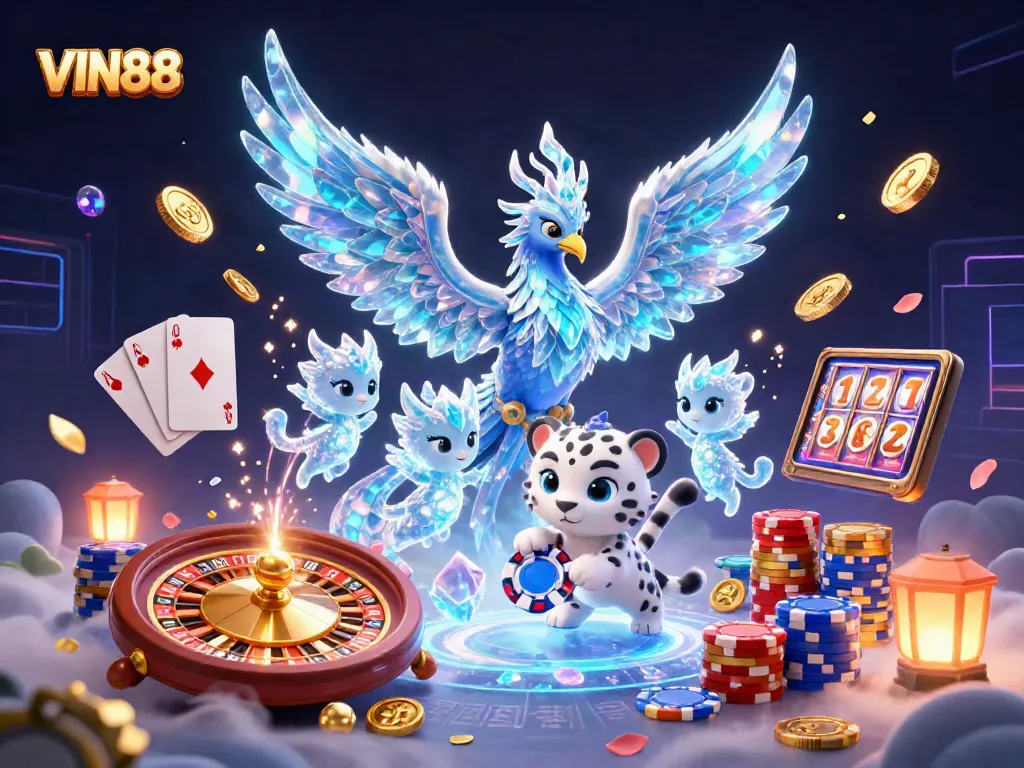 Experience VIN88's exciting gaming universe, featuring vibrant characters and casino elements.