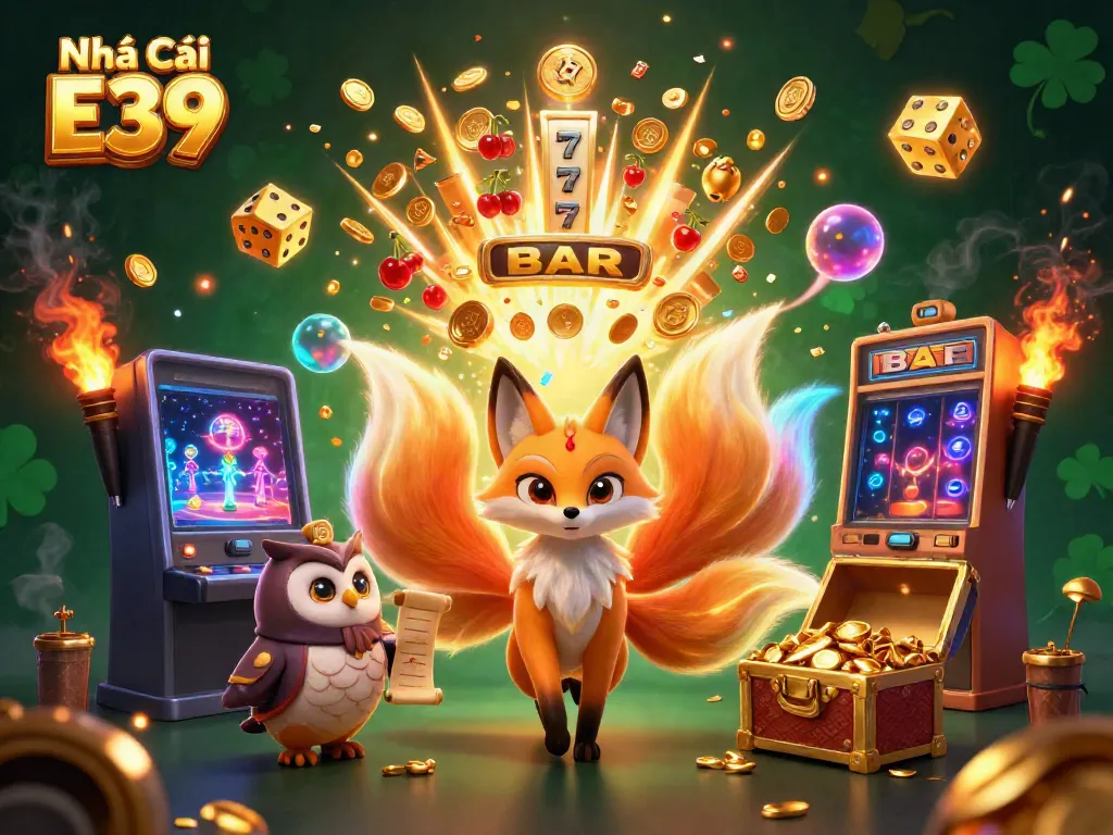 Experience the excitement of Nhà Cái E39 with a vibrant jackpot explosion and colorful casino game elements.