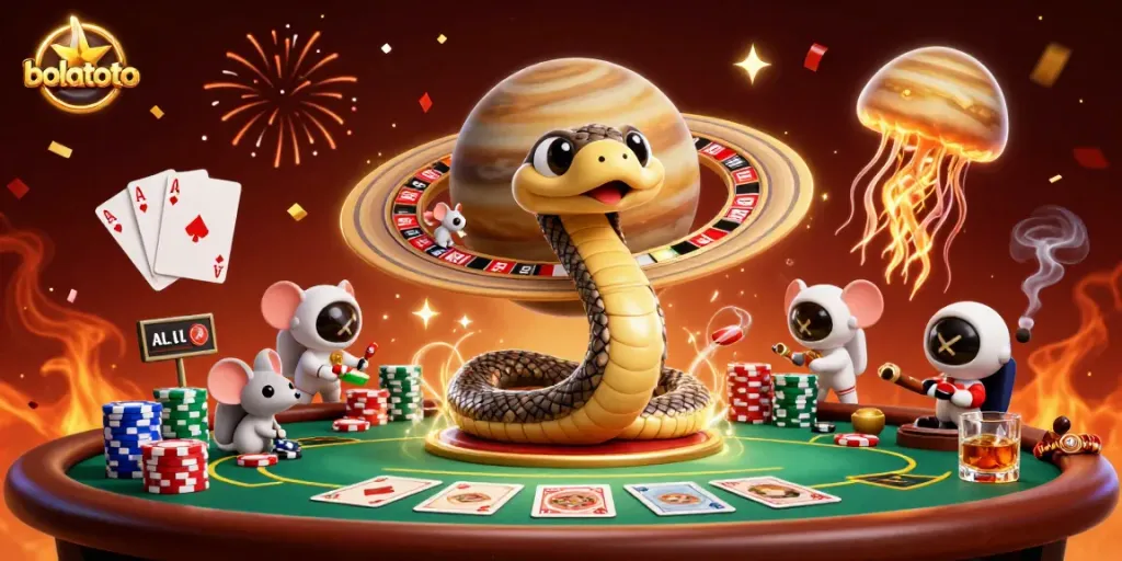 Experience bolatoto excitement as snake roulette rolls with bets and cosmic dealer vibes.