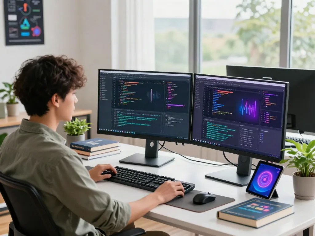 Engaging tech workspace featuring coding screens showcasing pecah404, highlighting a modern developer's work environment.