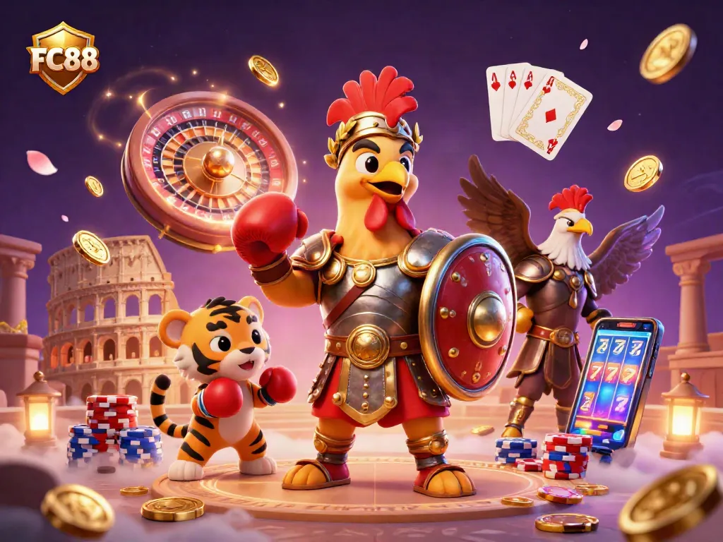 Win big with FC88 in this ultra-detailed illustration of a cartoon gladiator rooster in a vibrant casino scene.