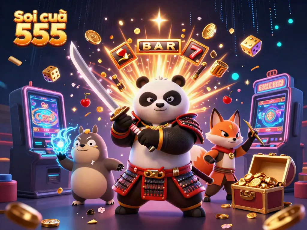 Soi cầu 555 features lively characters and dynamic casino elements in an enthusiastic illustration.
