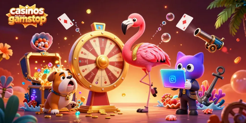 Exciting scene of casinos not on gamstop with a cartoon flamingo host and prize wheel, engaging bulldog contestant, and vibrant casino elements.
