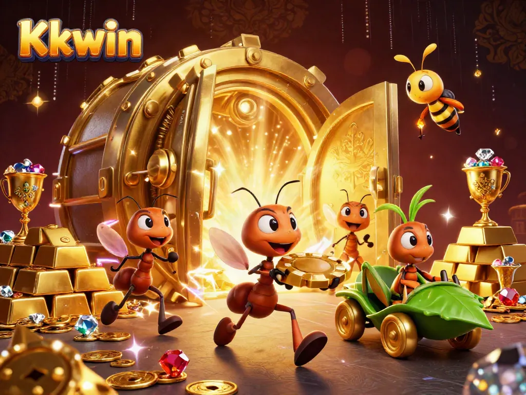 Experience Kkwin with adventurous ants in a heist, surrounded by casino treasures and vibrant lights.