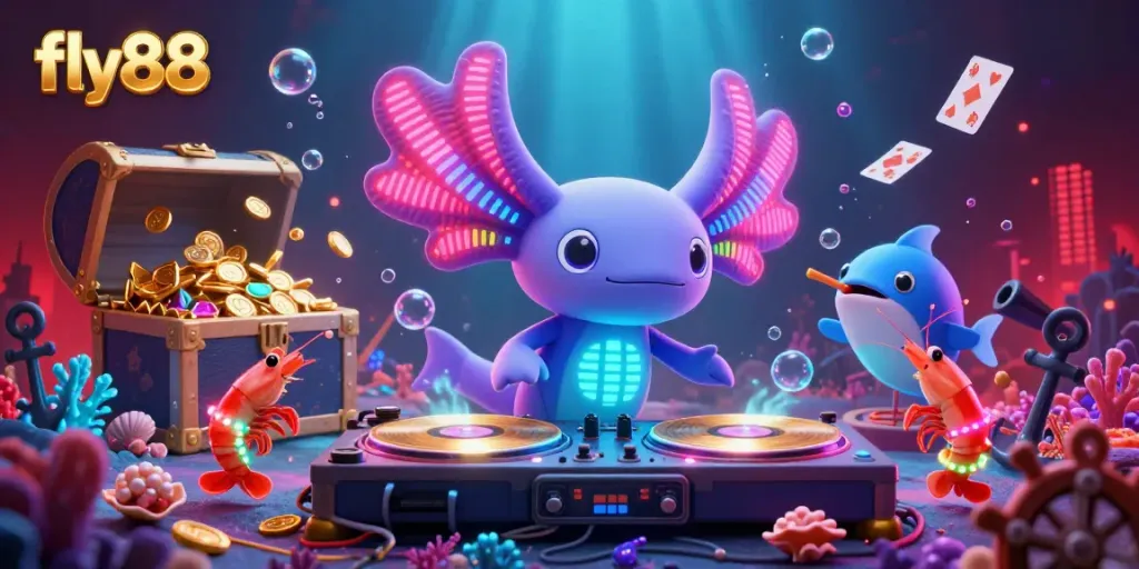 Engage with fly88's vibrant underwater casino scene featuring dynamic characters and gold treasures.