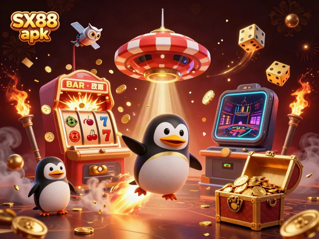 Experience SX88 apk with an illustration of a golden penguin and casino-themed elements, bursting with excitement and energy.