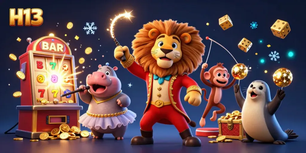 Experience the excitement of H13 with this vibrant casino scene featuring lively characters and jackpot moments.