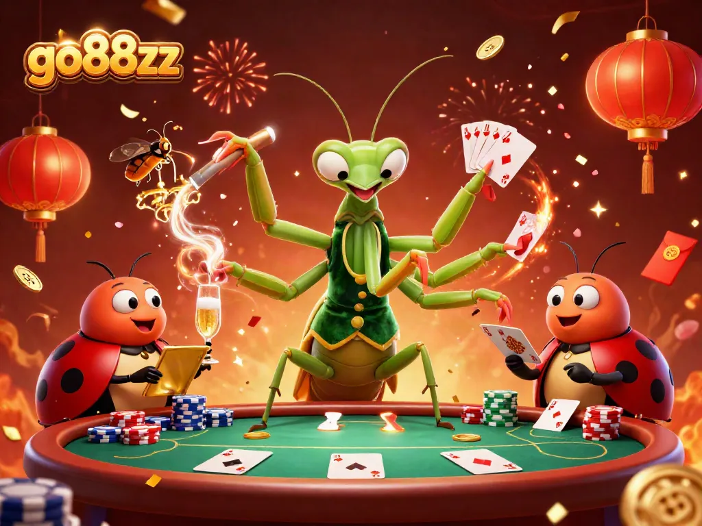 Experience thrilling gameplay at go88xz featuring a giant praying mantis card sharp and ladybug pit boss.
