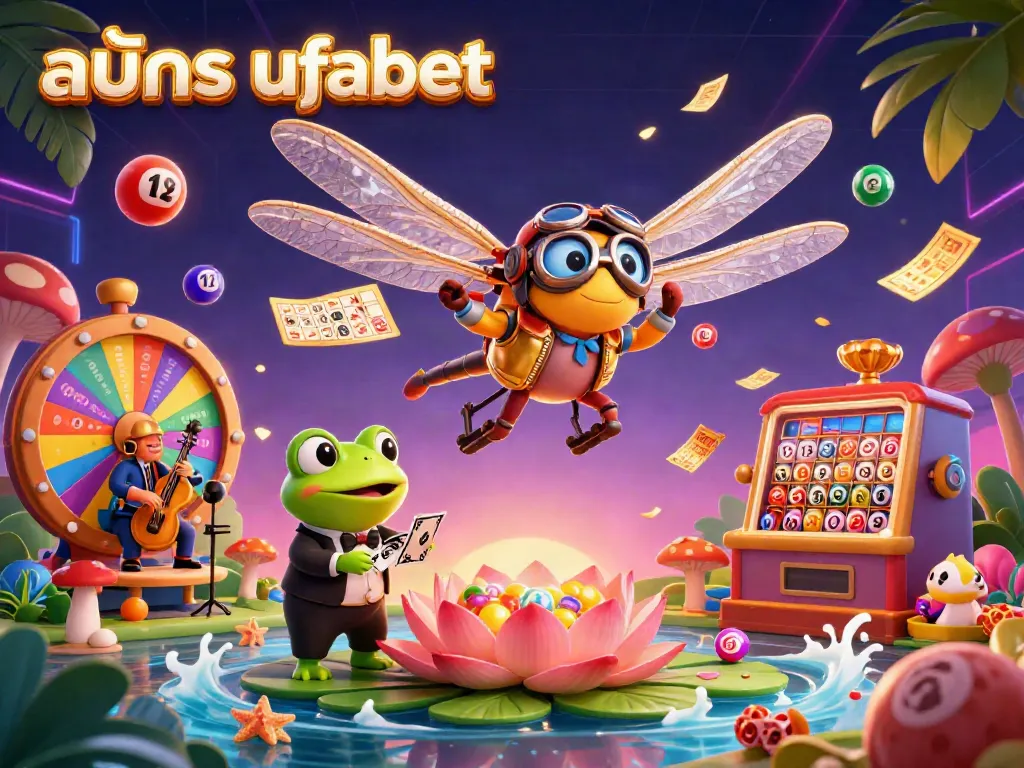 Engage with the vibrant world of สมัคร ufabet at a lively lily pad casino event, featuring dynamic characters and colorful elements.