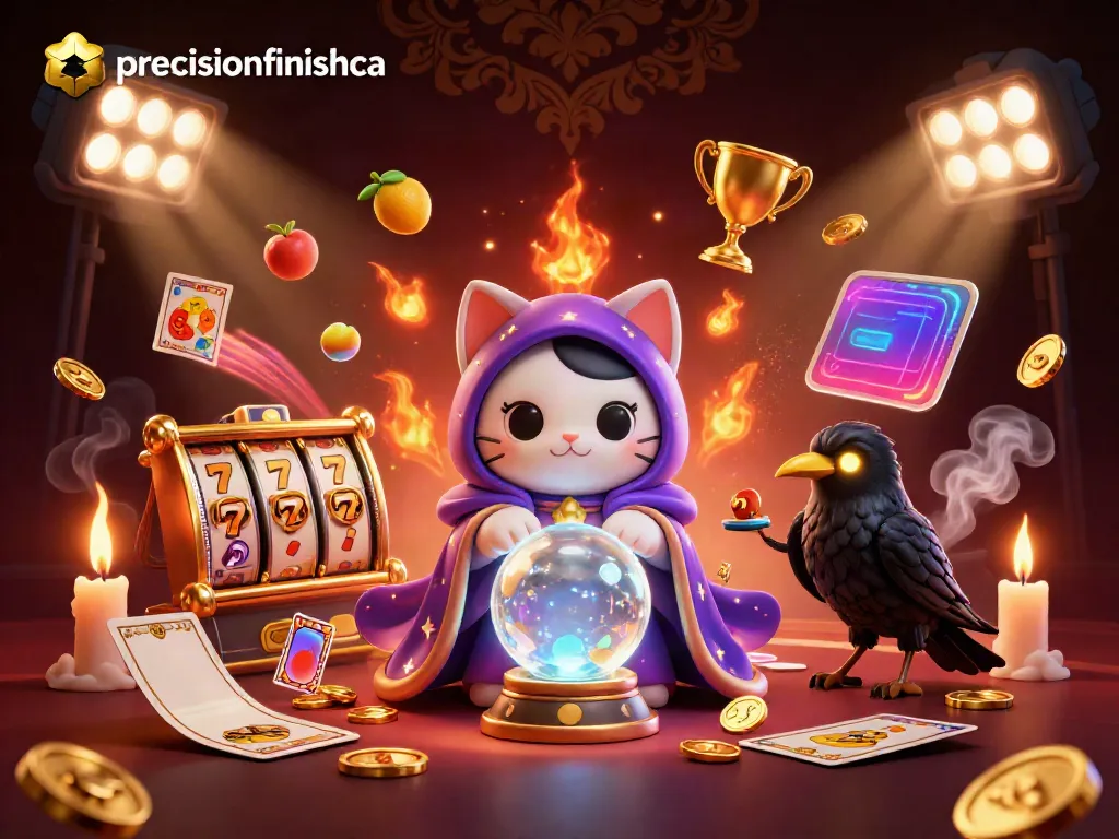 Menang besar dengan precisionfinishca, ilustrasi kasino penuh simbol menguntungkan dan karakter magis.