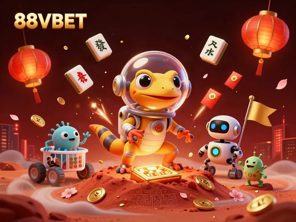 Engage in thrilling gaming adventures at 88VBET with a vibrant scene of a Martian gecko discovering a golden casino.